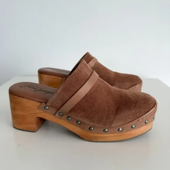 Free People Calabasas Clog Platform 40 Brown Suede Wooded Slip On Mule Stud Heel - Picture 3 of 13